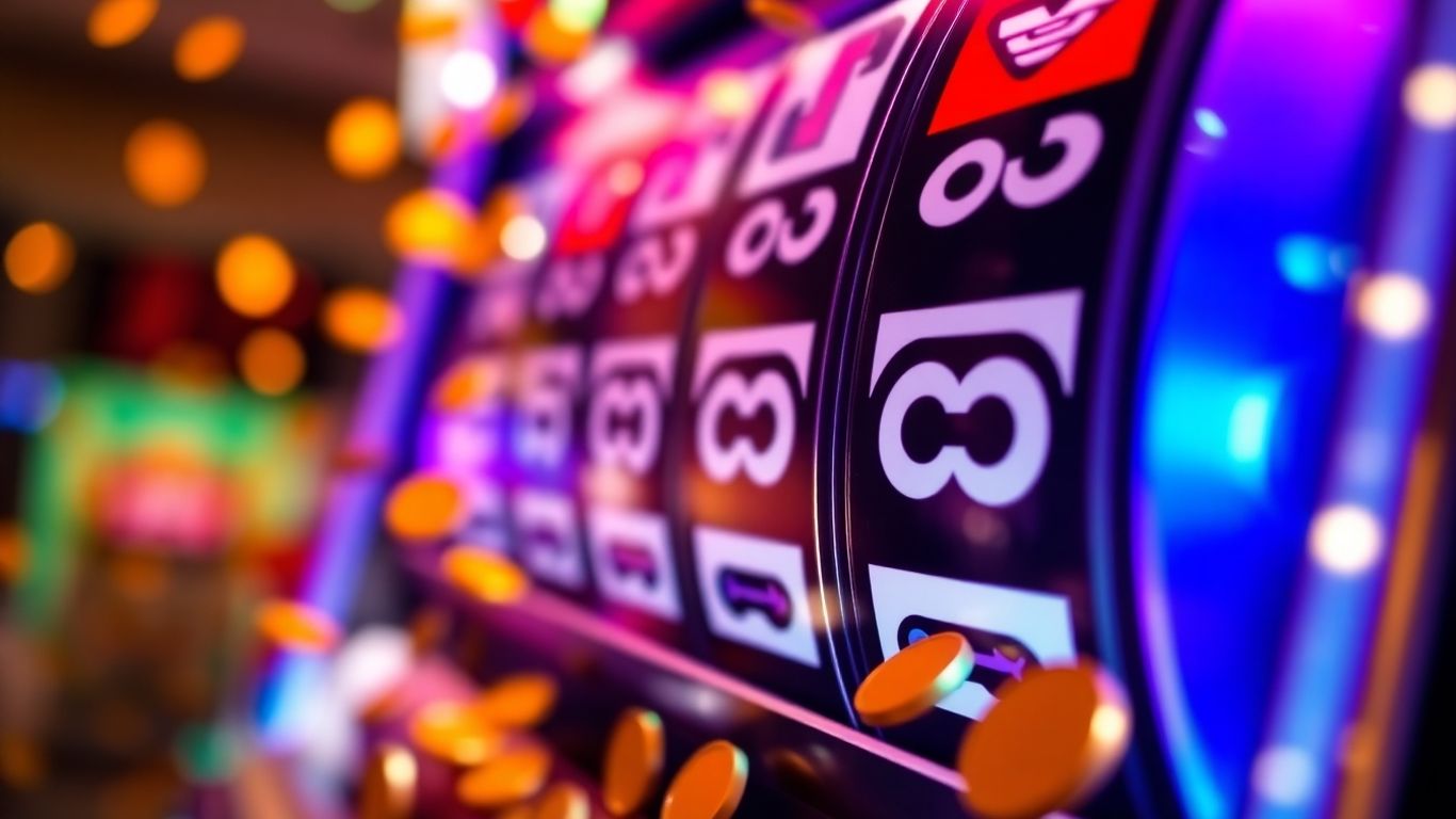 Slot machine reels with falling gold coins.