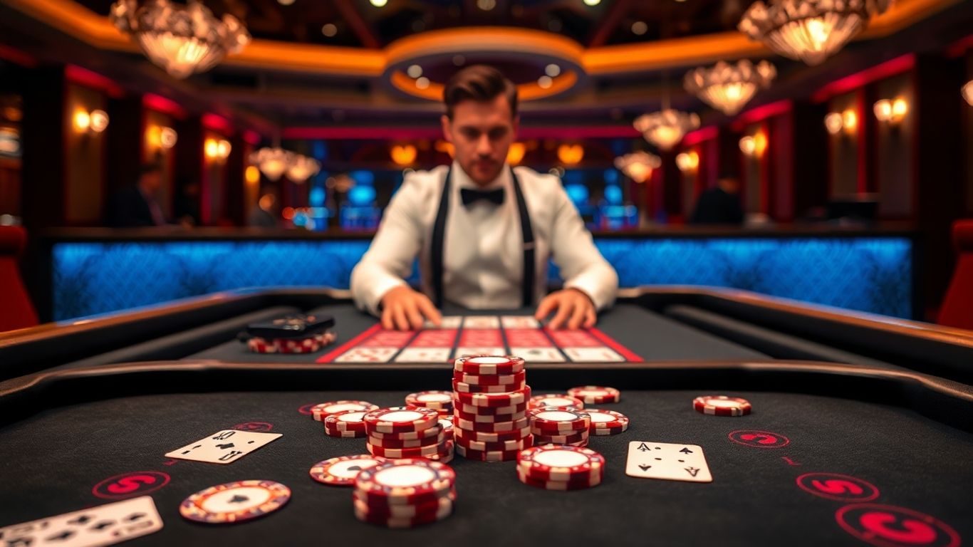 Live baccarat game table with chips and cards.