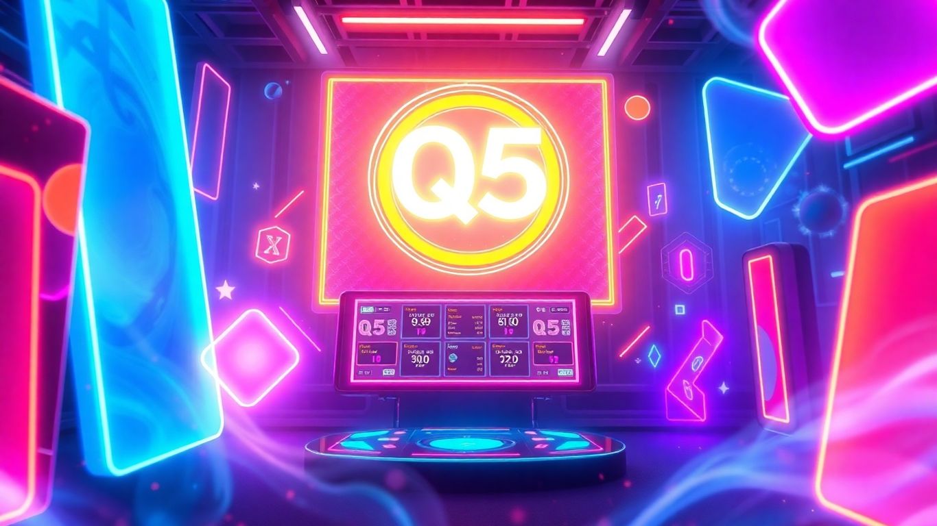 Q5 Bet Game interface with neon lights and abstract shapes.